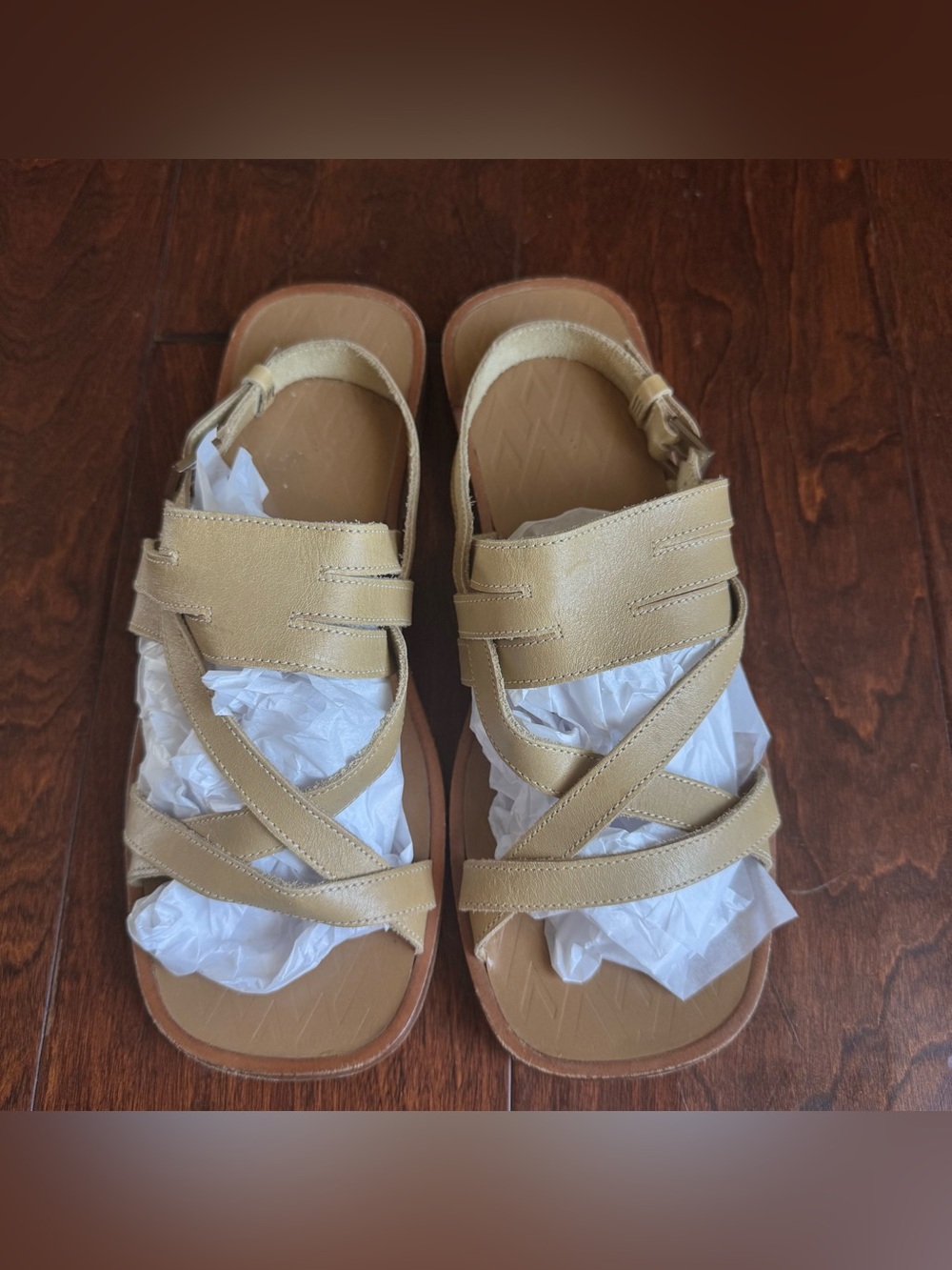 Valentino Strappy Side Buckle Tan Leather Flat Sandals, Size 42 1/2.